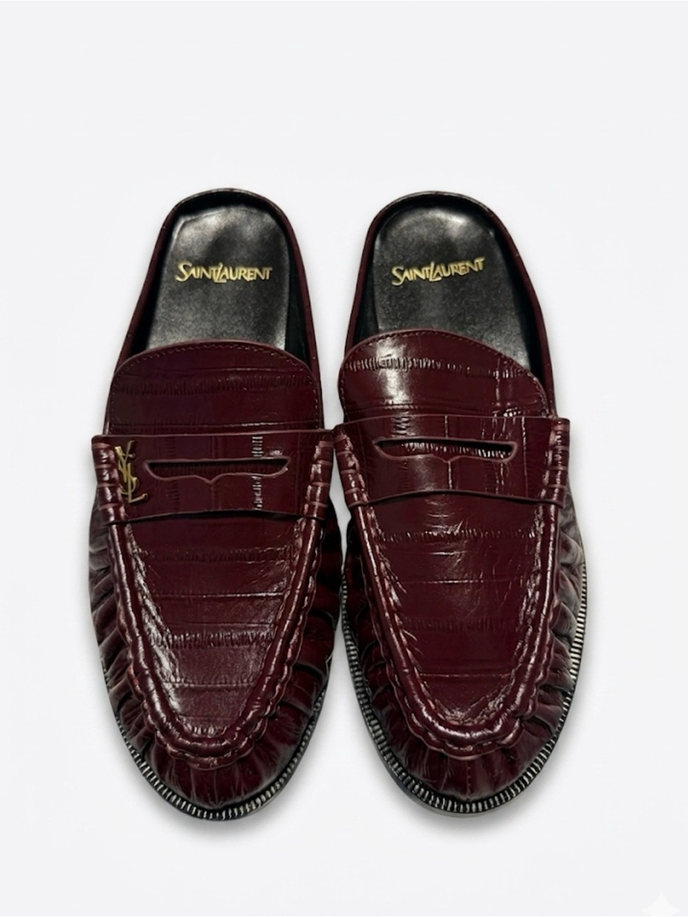 Saint Laurent Men's Dark Burgundy Leather Penny Loafers with Gold YSL Accent